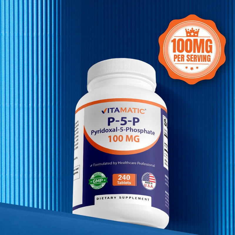 Vitamatic P5P 100 mg (Pyridoxal-5-Phosphate) – Active Form of Vitamin B6 – Energy & Nervous System Support – Non-GMO, Gluten-Free – 240 Tablets