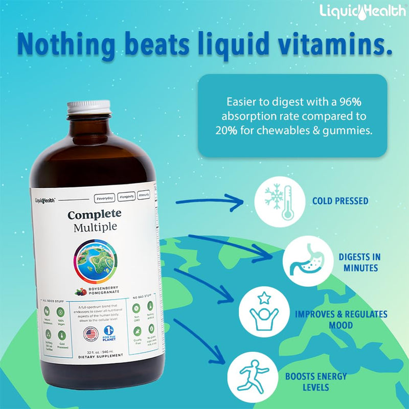 LIQUIDHEALTH Vegan Liquid Collagen Plus Biotin Drops & Complete Multiple Adult Daily Multivitamin Wellness Bundle - Hair & Nail Growth, Skin Health, Immune & Energy Support - USA Made, Vegan, Non-GMO