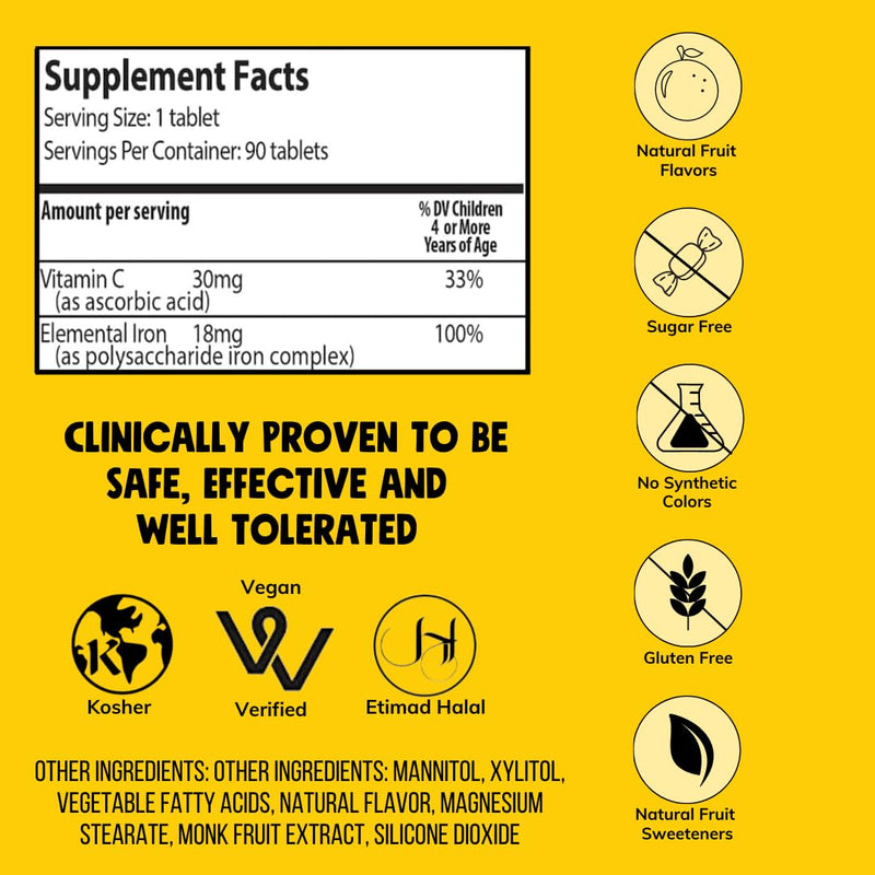 [Australia] - NovaFerrum Yay | Chewable Iron Supplement for Kids & Adults for Anemia | 18mg of Iron | 90 Servings | Sugar Free | Vegan | Gluten Free | Orange Flavor 