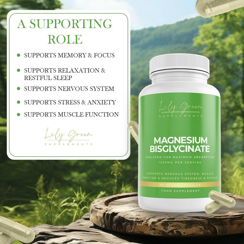 Lily Green Magnesium Bisglycinate Capsules | 1250mg Per Serving of Bioactive Glycinate | Magnesium Supplements for Sleep, Calmness, Psychological & Muscle Function | 90 Capsules | Made in UK