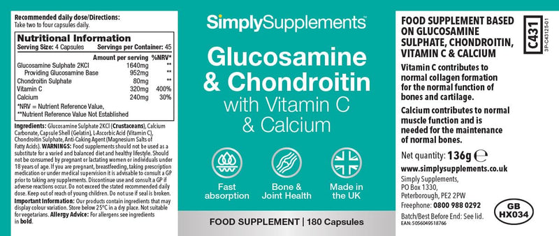 Glucosamine Sulphate & Chondroitin Complex | With Vitamin C & Calcium for Bone & Muscle Support | Supports Joint Health & Cartilage Function | 360 Capsules = 3 Months’ Supply | GMP-Certified & UK-Made Unflavoured 180 count (Pack of 2)