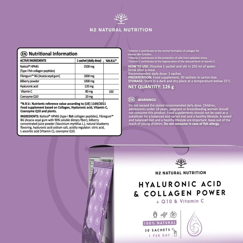 Hyaluronic Acid 120mg + Collagen 2500mg + Vitamin C + coq10. Collagen Supplements for Women. High Dosage. Blueberry Flavour. Reduces Wrinkles, Moisturises and Rejuvenates. N2 Natural Nutrition Hyaluronic Acid & Collagen Power (sachets)