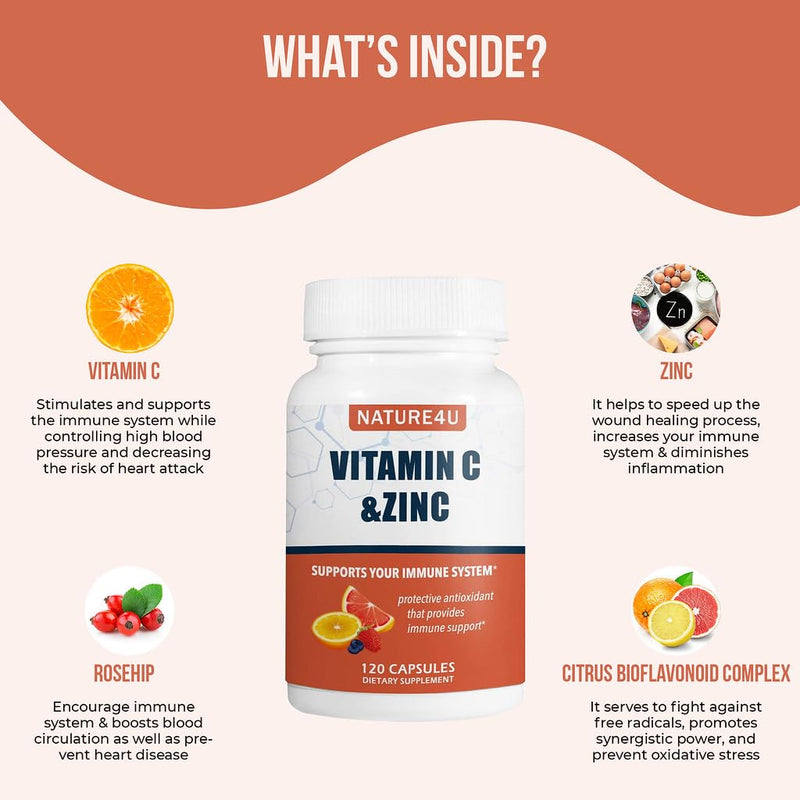 Vitamin C 1000mg with Zinc, Rose Hips and Citrus Bioflavonoids, Immune Support Supplement Antioxidants Protection, 120 Capsules 120 Count (Pack of 1)