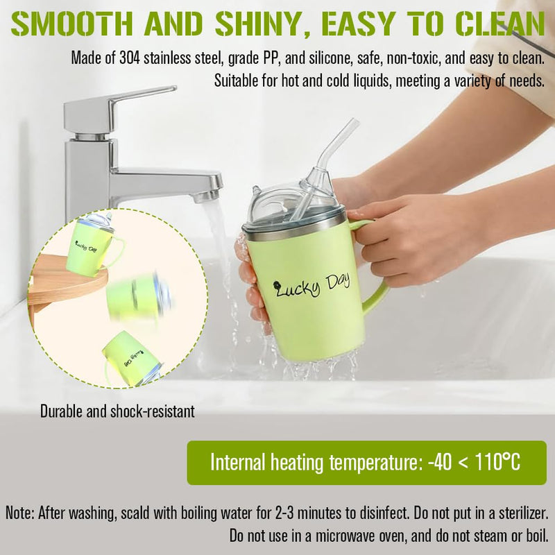 Adult Sippy Cups for The Elderly Non Spill, 3-in-1 Elderly Spill Proof Cups, 350ml Beakers for Elderly with Lid and 30cm Straw, Stainless Steel Dysphagia Cups with Handle for Elderly Patient Green