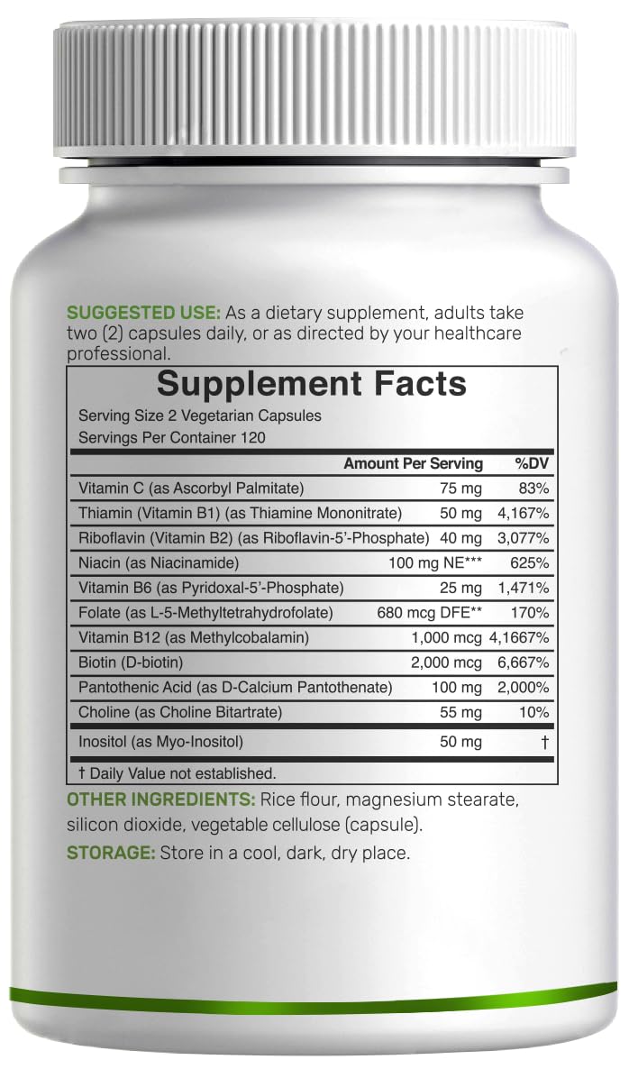 Bioactive Vitamin B Complex for Men & Women, 240 Veggie Capsules - Methylated B Complex & Esterified Vitamin C – High Potency & Easy Absorption – Immune, Energy & Metabolism Supplement – Non-GMO