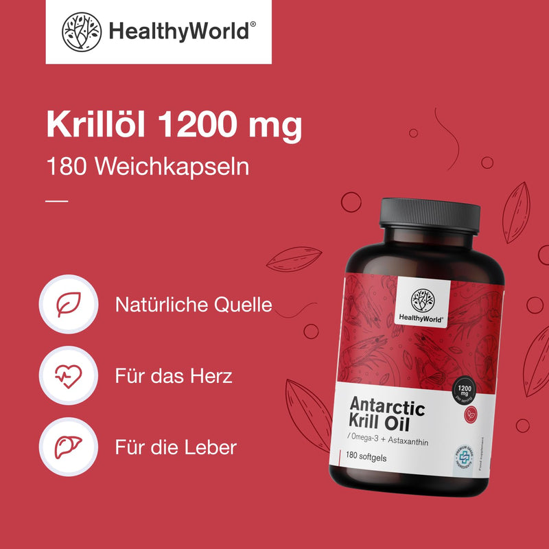 [Australia] - HealthyWorld® Krill Oil 1200 mg - 180 soft capsules - Omega-3 + Astaxanthin - Without gluten, lactose and artificial flavors - 3-month supply - Supports heart and circulatory function 