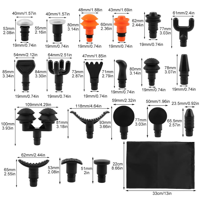 [Australia] - Massage Gu-n Attachments, 20pcs Relaxation Massager Heads with 2pcs Drawstring Bag Different Massager Heads to Meet Different Needs for Deep Tissue Percussion Plug and Play(Black) 