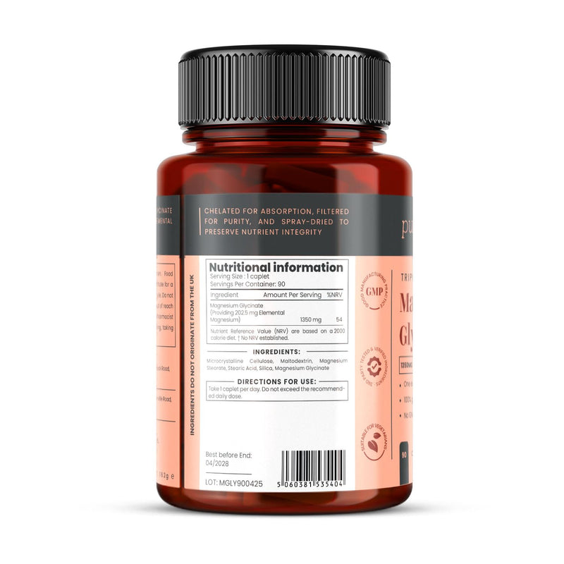 Triple Strength Magnesium Glycinate 1350mg x 180 Caplets (2 Bottles of 90) – 202.5mg Elemental Magnesium Per Caplet – 6 Months Supply - 100% Glycine Chelated, Gentle on the Stomach 180 count (Pack of 1)