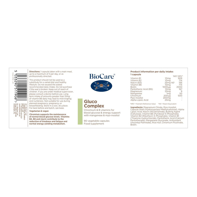 BioCare Gluco Complex - Chromium, Magnesium & B Vitamins for Blood Glucose, Fatigue, & Energy Support - with Manganese & Myo-inositol - 90 Capsules 90 count (Pack of 1)