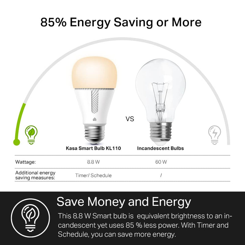 Kasa Smart Light Bulb KL110, LED Wi-Fi smart bulb works with Alexa and Google Home, A19 Dimmable, 2.4Ghz, No Hub Required, 800LM Soft White (2700K), 9W (60W Equivalent) White (Newer Version)