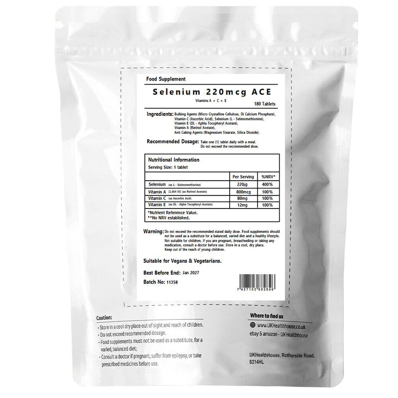 UKHealthHouse Premium - Selenium 220mcg ACE Tablet Vitamin A+C+E Immune Health Skin Hair Nails (180) 180 count (Pack of 1)