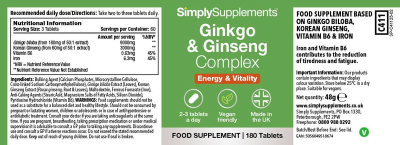 Ginkgo & Ginseng Complex | Standardised Extracts for Mental Performance & Energy | Iron & Vitamin B6 for Cognitive Function & Fatigue Reduction | 180 Tablets = 2 Months' Supply 180 count (Pack of 1)
