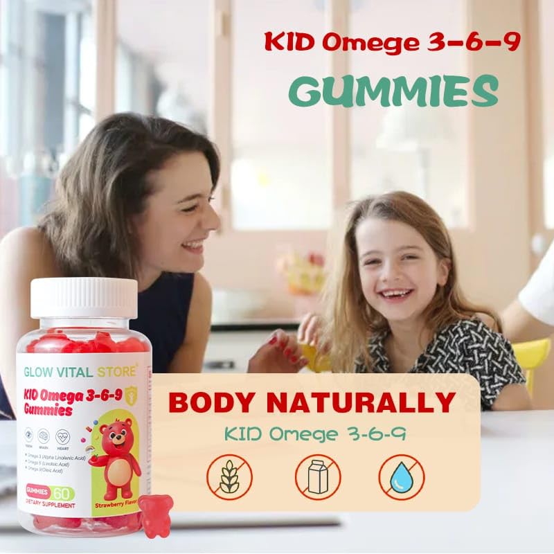 Kids Omega 3-6-9 Gummies – Plant-Based Brain, Eye & Heart Support – Strawberry Flavor – ALA, LA, Oleic Acid – Vegan, Gluten-Free, Non-GMO – 60 Gummies by Glow Vital Store (1) 1