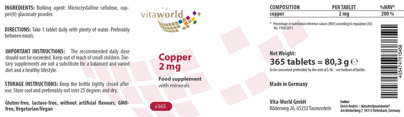 Vita world Copper 2 mg l Copper Gluconate l high bioavailability l Vegan l 1 Year Supply - 365 Tablets