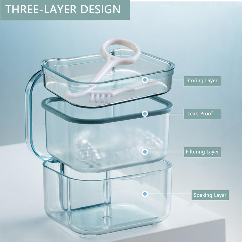[Australia] - Denture Bath Case Cup Retainer Case Three-Layer Portable Denture Bath Case Denture Cleaning Case Denture Soaking Container Denture Holder with 2 Denture Brush & Denture Extractor 