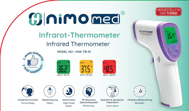 [Australia] - Thermometer Made in Turkey | for children, adults & baby milk | Precise medical device | Contactless | Infrared | Digital | LCD | Fever warning | Object & body temperature | including batteries 