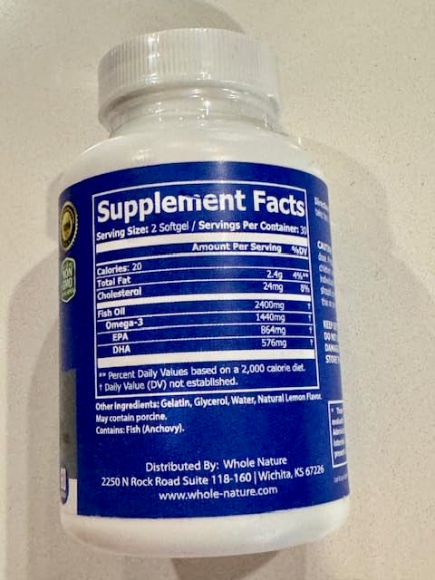 Omega 3 Fish Oil Supplements, Maximum Strength 2400 mg Omega-3, 1440mg Fish Oil, EPA DHA Fatty Acids, Heart Health, Vision, Eye, Brain, Immune Support for Women & Men. Natural Lemon Flavor, 60 ct (1) 1