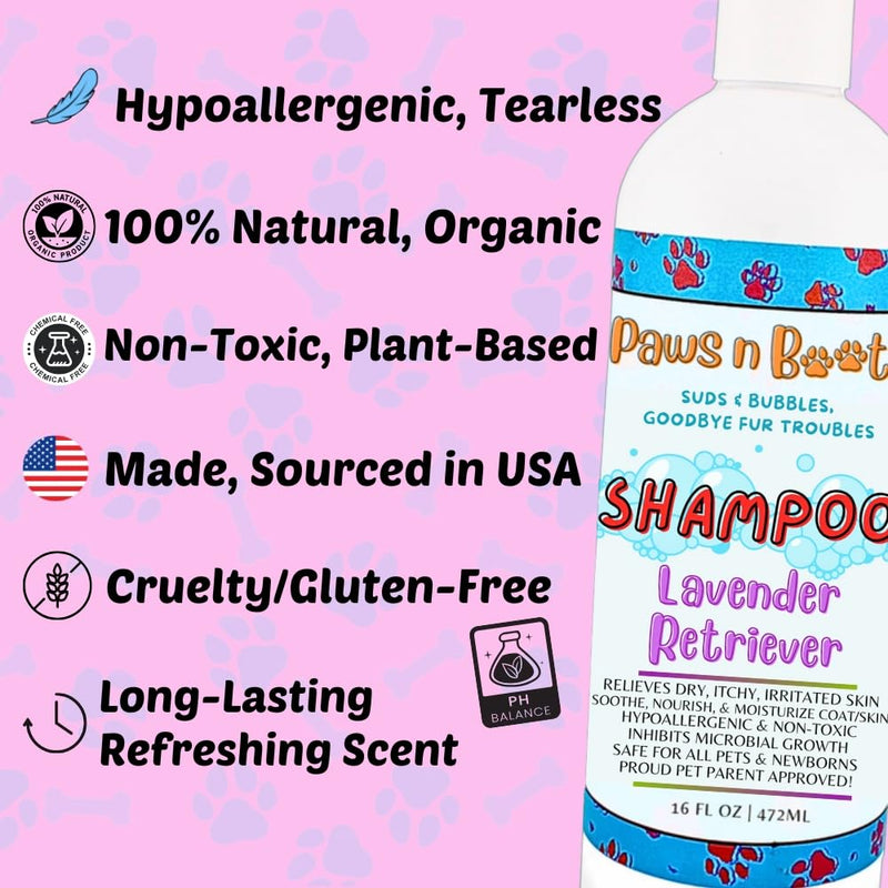 Pet Shampoo Lavender, 100% Organic, All-Natural & Non-Toxic to Pets. Fast Relief for Dry, Itchy, Irritated Skin, Hypoallergenic, Tearless & Cruelty Free, Odor Controlling Made in USA 16oz Paws n Suds - PawsPlanet Australia