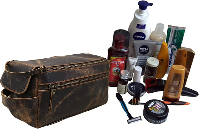 Men's Genuine Leather Toiletry Bag Waterproof Dopp Kit Shaving Bags And Grooming For Travel Groomsmen Gift Men Women Hanging Zippered Makeup Bathroom Cosmetic Pouch Case Make Up kit