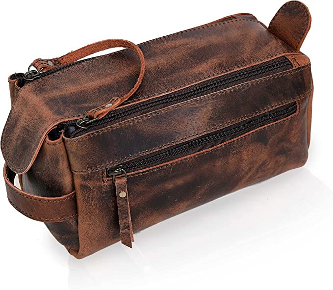 Leather Toiletry Wash Bag: Stylish Travel Organizer with Durable Construction and Water Resistant Lining.