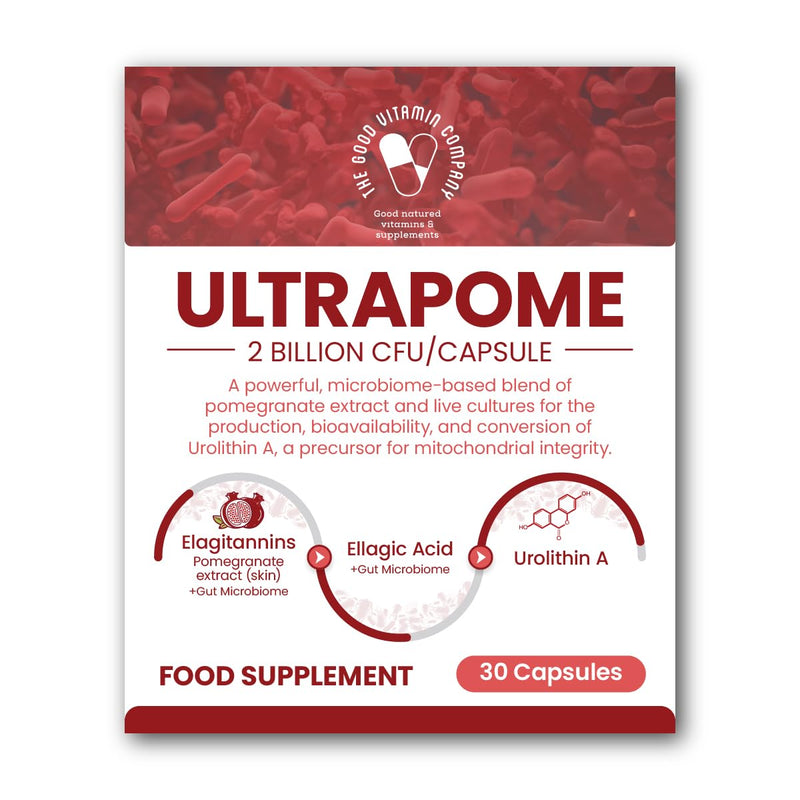 Ultrapome – Train Your Body to Produce Urolithin A Naturally. Gut Microbiome + Pomegranate Extract + Probiotics = Cellular Renewal & Mitochondrial Support. 30 Vegan Capsules