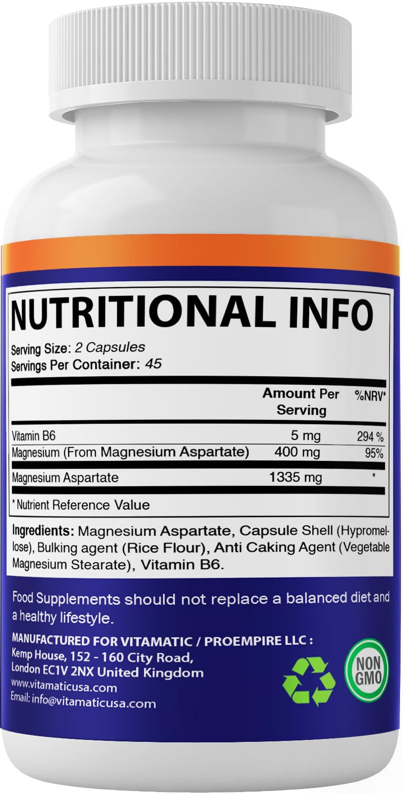 Vitamatic Magnesium Aspartate 400mg per Serving - 90 Vegetarian Capsules - Added B6 for Maximum Absorption - Supports Muscle, Joint, and Heart Health*