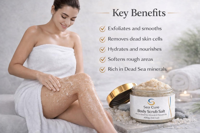 Sea Cure Dead Sea Salt Body Scrub – 400g (14.1 oz) – Natural Mineral Exfoliating Body Scrub for Face & Body with Lavender Extract, Sweet Almond Oil, Chamomile & Vitamin E – Made in Jordan