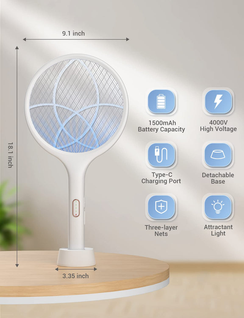 [Australia] - YISSVIC Electric Fly Swatter 4000V Bug Zapper Racket Dual Modes Mosquito Killer with Purple Mosquito Light Rechargeable for Indoor Home Office Backyard Patio Camping (White) White 