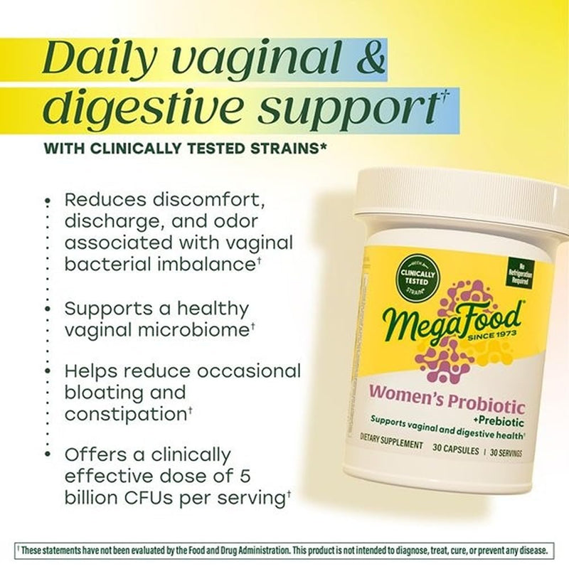 MegaFood Womens Probiotic Prebiotic, Vaginal Probiotics, 30 Capsules | Supports Digestive Health, Regularity & Vaginal Microbiome, Prebiotics for Gut Health, 5 Billion CFU, Vegetarian, 30 Servings