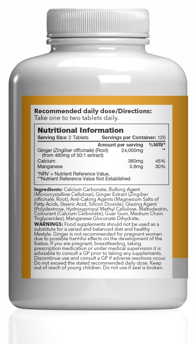 Ginger Tablets | Supports Joints, Bones & Energy | with Added Calcium & Manganese | 240 High-Strength Tablets = 4 Months’ Supply | Joint and Digestive Support | GMP-Certified & UK-Made Unflavoured 1 count (Pack of 240)