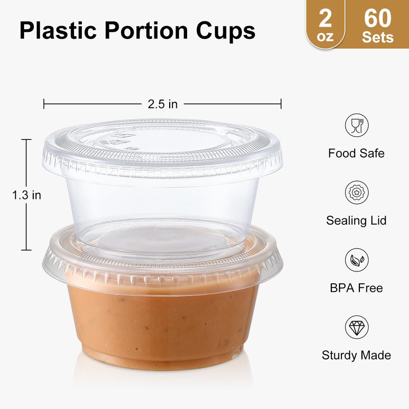 AOZITA [60 Sets - 2 oz Jello Shot Cups, Portion Cups With Lids, Small Plastic Containers with Lids, Airtight and Stackable Souffle Cups ASLB-2C-60