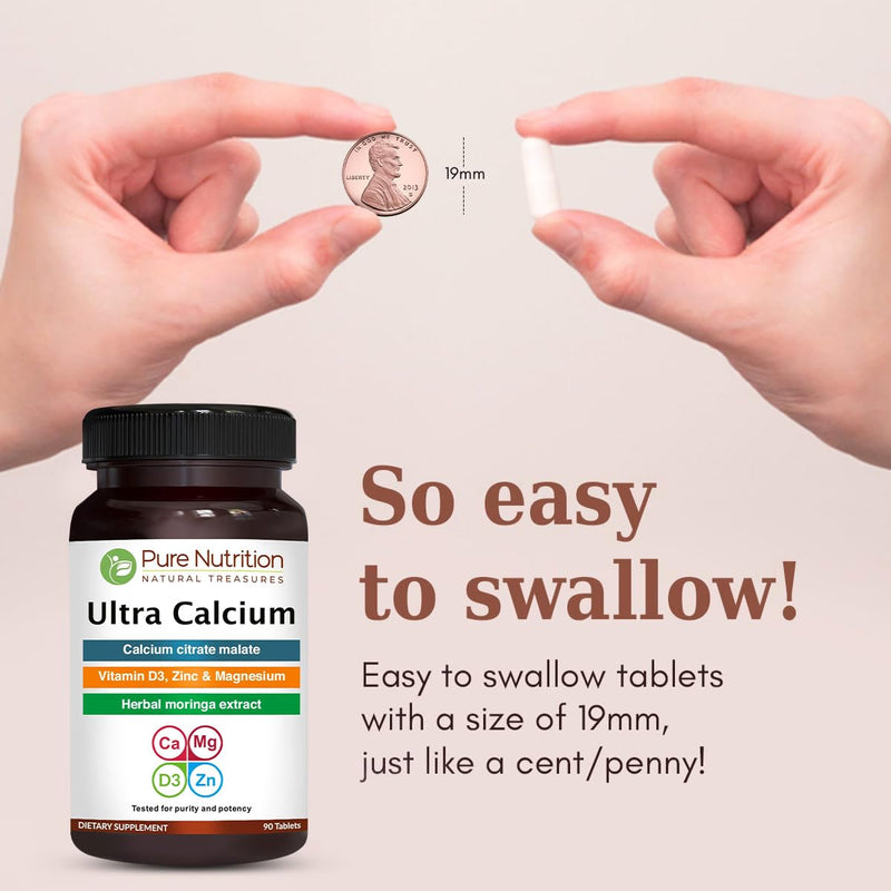 Pure Nutrition Ultra Calcium 1000mg with VIT D3 + K | 90 Tab | Calcium Supplement with Calcium Citrate Malate, VIT D3, K, Moringa Oleifera, Magnesium and Zinc. 90 Count (Pack of 1)