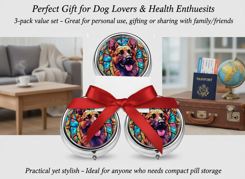 German Shepherd Dog Art Small Box for Pill,3 Compartment Pill Case Travel Medicine,Portable Pocket or Purse Pill Organizer Container Holder Hold Vitamins, Medication, Fish Oil Supplements German Shepherd