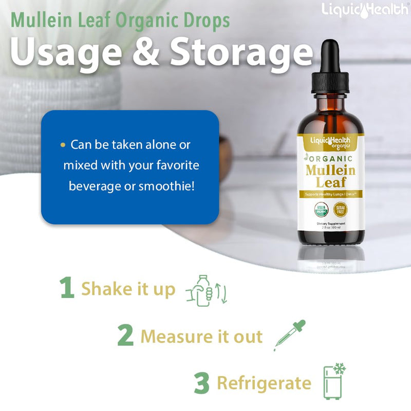[Australia] - LIQUIDHEALTH USDA Organic Mullein Leaf Extract Drops for Lungs - Herbal Cleansing Drops for Smokers, Immune Support, Respiratory Health - 1000mg, 60-Day Supply, Sugar-Free, Made in USA (2 fl oz) 2 Fl Oz (Pack of 1) 