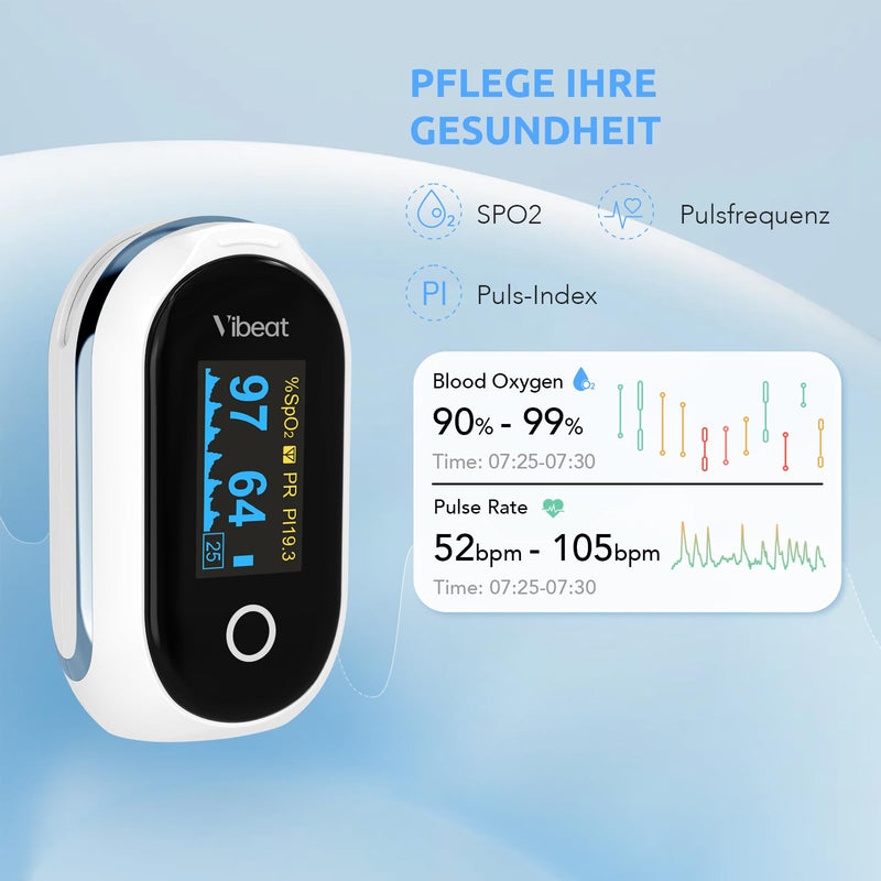 [Australia] - Vibeat Bluetooth pulse oximeter with 12 offline data, rechargeable oxygen saturation meter finger, continuous monitoring pulse oximeter finger oximeter, convenient heart rate monitor with APP 