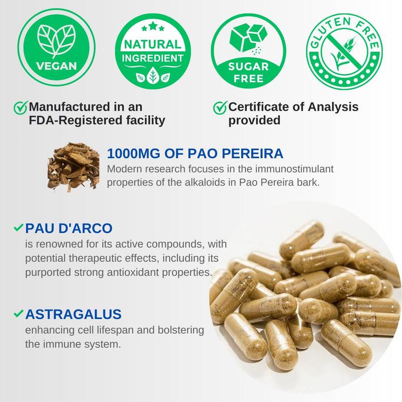 [Australia] - Pao Pereira + Pau D'Arco, Astragalus - 1300MG SERVING, USA Made & Tested, Stem Cells and Immune support, 60 Capsules 