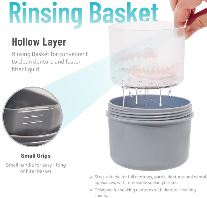 [Australia] - Denture Case with Denture Brush, No Leak Denture Bath Box, Denture Travel Case, Denture Cup with Basket for Soaking Dentures (grey) grey 