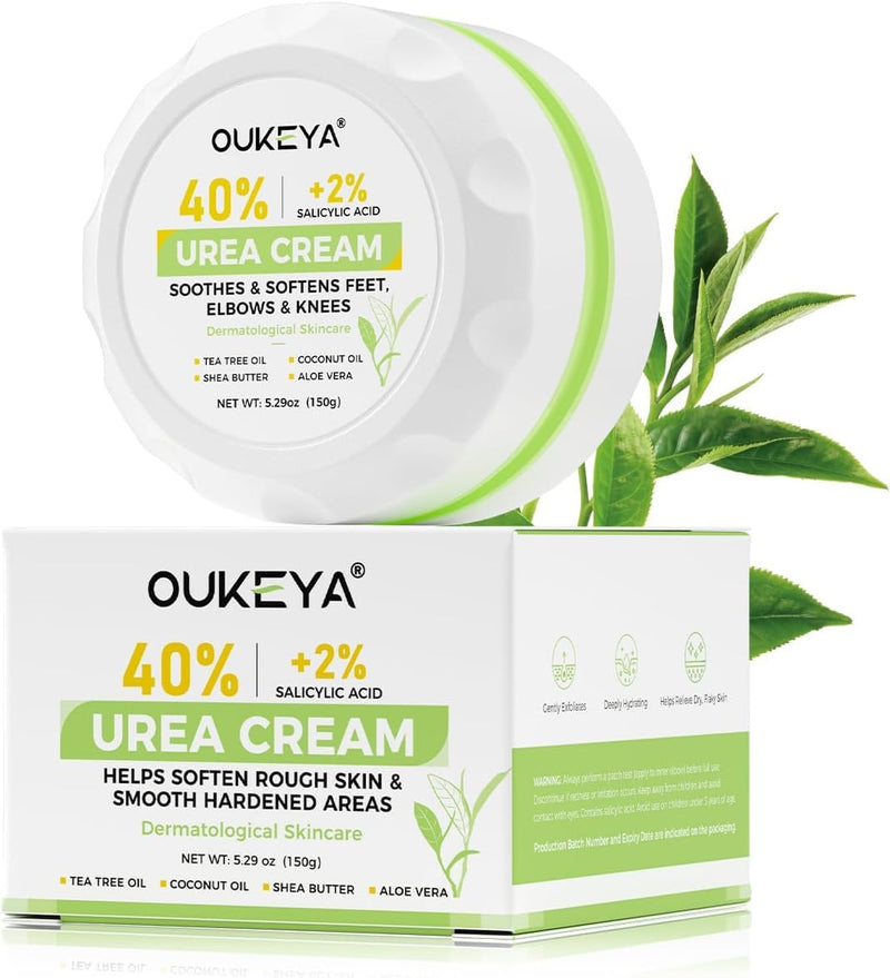 OUKEYA 40% Urea Foot Cream Salicylic Acid Tea Tree Oil Cracked Dry Skin | Ceramides Nourish Feet Hands Elbows Knees 150G 5.29 Ounce (Pack of 1)
