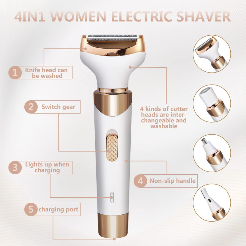 [Australia] - Electric Razor for Women Bikini Trimmer, MKIOVH Women's Cordless Portable 4 in 1 Painless Shaver, for face Legs Brows Nose Detachable Head USB Rechargeable Hair Trimmer (White) White 