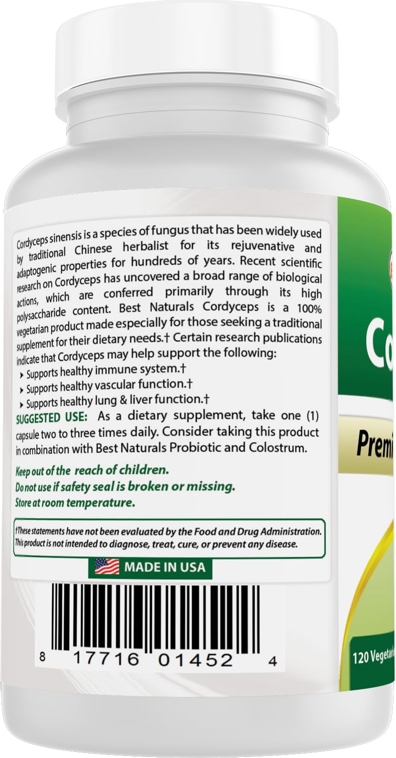 Best Naturals Cordyceps Sinensis Mycelium Mushroom Powder 750 mg 120 Veggie Capsules