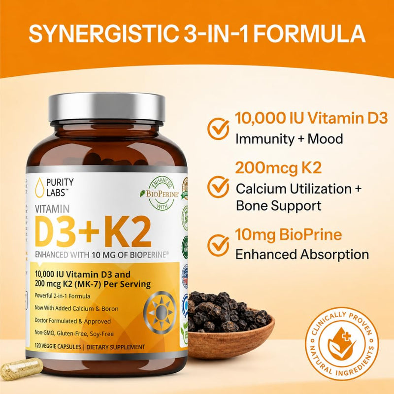Purity Labs Vitamin D3 K2 10000 IU, (250mcg) D3 + 200mcg K2 MK7 - Immune Support Supplement Enhanced with Bioperine - Supplements for Daily Defense, Bone, Muscle & Skin Health - 120 Capsules