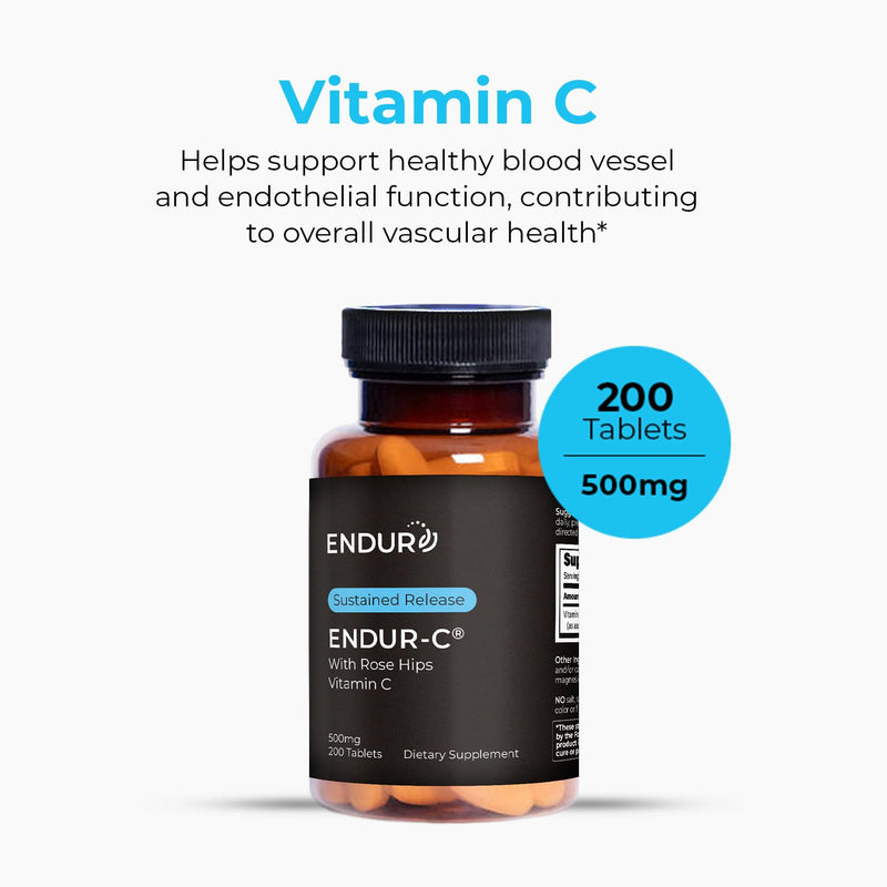 ENDUR-C® Sustained Release Vitamin C 500mg with Rose Hips, 200 Tablets | Immune support, Antioxidant, Collagen formation, Rose hips, Gentle digestion, cGMP & UL-Certified, USA made 200 Count (Pack of 1)