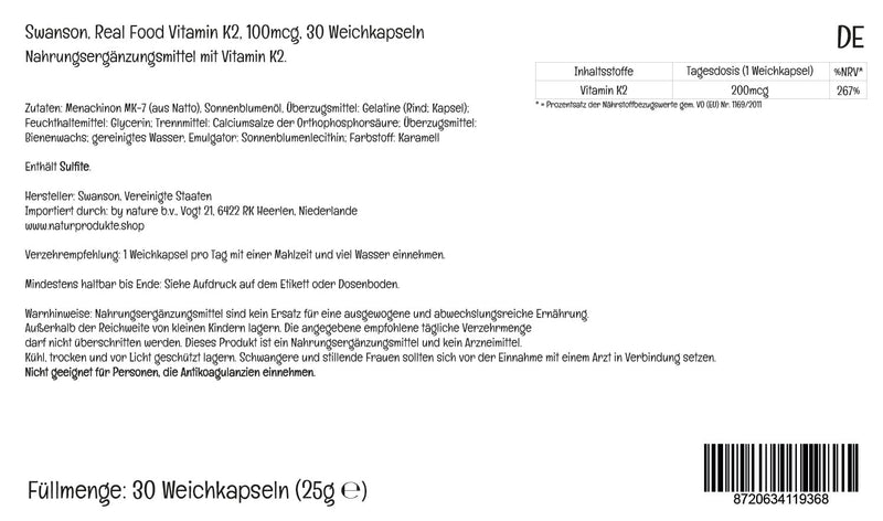 [Australia] - Swanson Real Food K2 (Menaquinone MK-7), 200mcg, 30 soft capsules, high dosage, laboratory tested, soy-free, gluten-free, non-GMO 