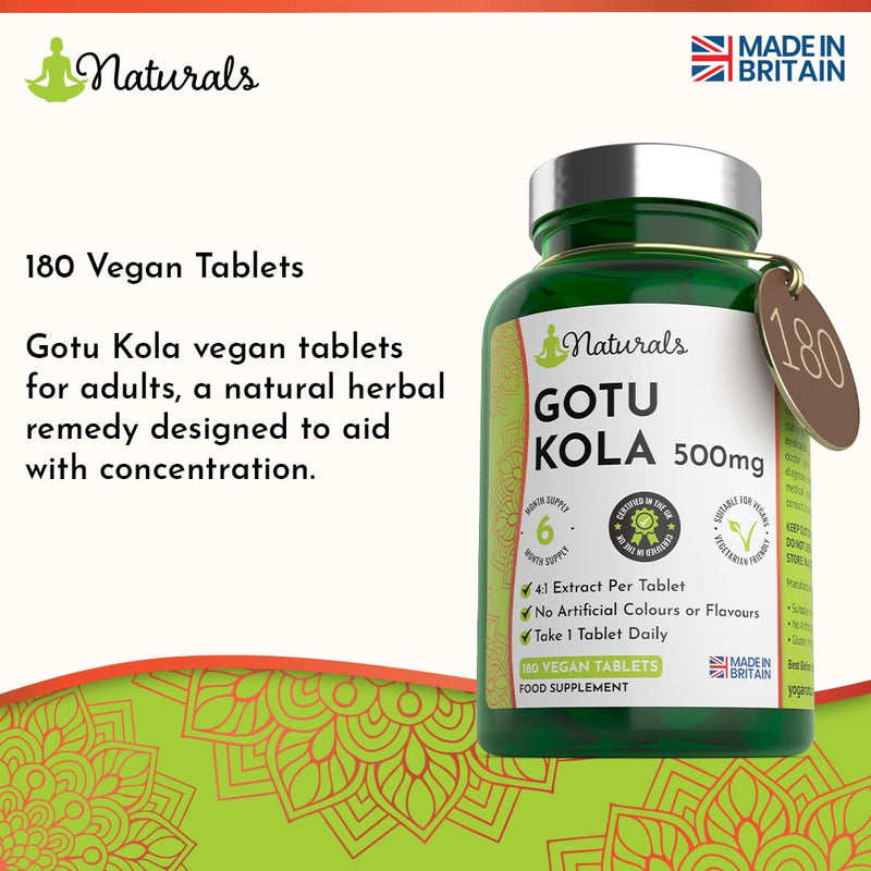 180 Gotu Kola Vegan Tablets for Adults - (6 Months Supply) 500mg Herbal Centella Asiatica for Stress & Anxiety - UK Manufactured