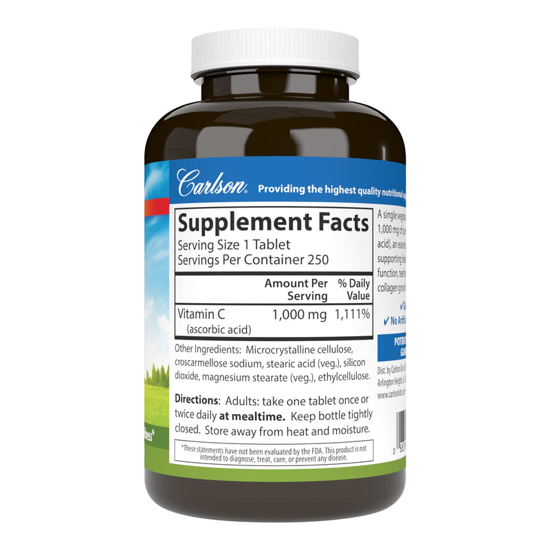 Carlson Vitamin C 1,000 mg (1 g), Pure Vitamin C, 250 Tablets | Ascorbic Acid; Optimal Wellness