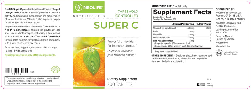 NeoLife Super C - Plant Based Extracts, 430mg Vitamin C Supplement with Rutin, Hesperidin, Lemon Bioflavonoids, Tablet Supplements, Orange Juice Powder & Acerola Cherries - 200 Tablets