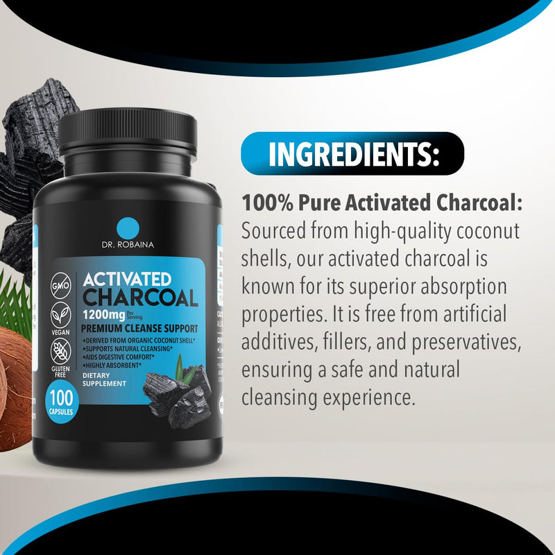 [Australia] - Dr. Robaina Activated Charcoal Capsules 1200 mg ‚Äì Coconut-Shell Carbon for Gas & Bloating Relief, Digestive Comfort & Next-Morning Support ‚Äì Vegan ‚Ä¢ Non-GMO ‚Äì 100 Count, USA Made 1 Unit 
