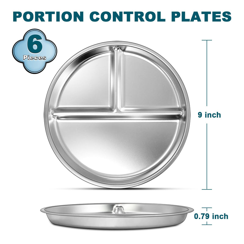 [Australia] - EWFEN Stainless Steel Toddler Plate Set of 6, 9" Portion Control Plates Divided Plate for Adults Kids Balance Lunch, Non Slip | Unbreakable Toddler Baby Feeding Set Dishwasher Safe 