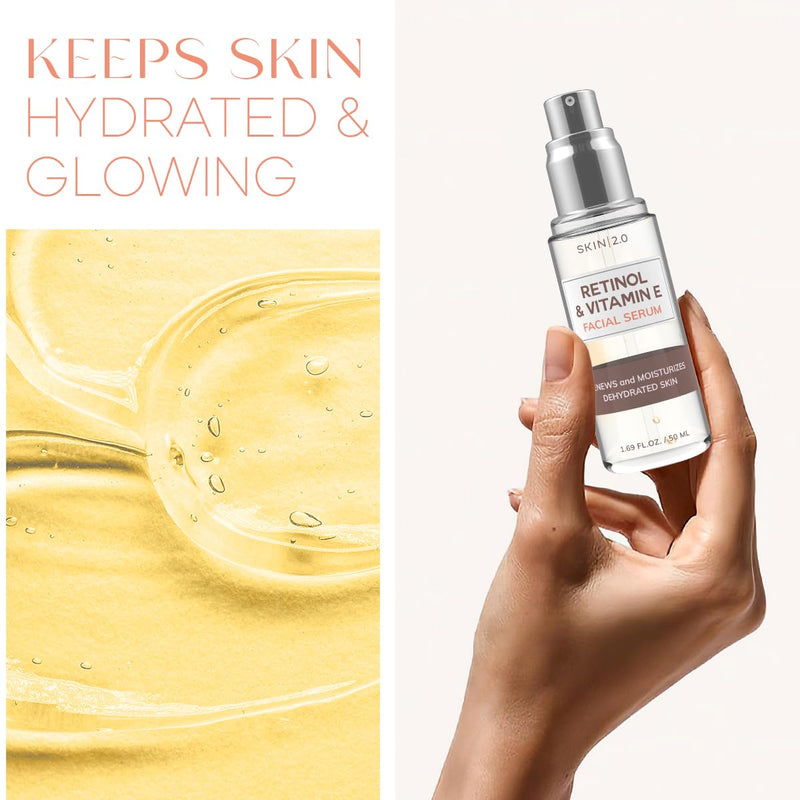 Skin 2.0 Retinol & Vitamin E Face Serum - 1.69 Fl. oz, Cruelty-Free, Reduces Acne Scars, Wrinkles, Anti-Aging, Skin Renewal, Hydrating, Korean Beauty Retinol and Vitamin E