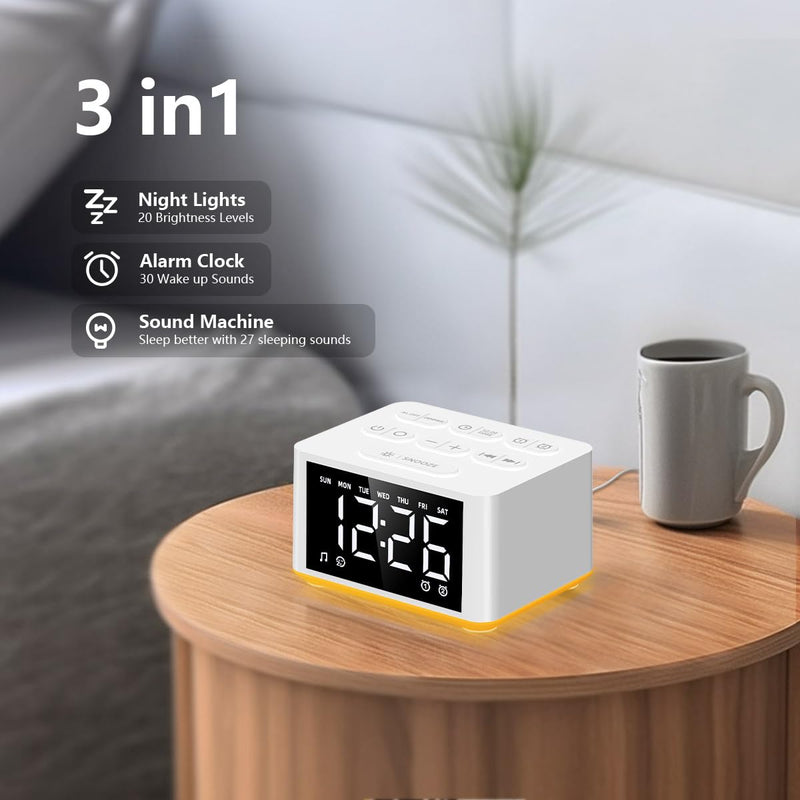 [Australia] - 【3 in 1】 Small Sound Machine Alarm Clock Night Light White Noise Machine 27 Sleeping Sounds for Adults Kids Precise 32 Level Volume Sleep Timer Memory Function Digital Clock with 30 Wake Up Sounds 